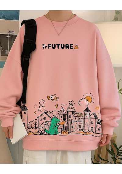 Benroma 3 İplik Penye Future Baskılı Unisex Sweatshırt Pembe