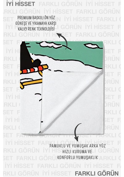Kedi Figürlü Deniz Temalı Plaj Havlusu - Çizgi Stil Mavi Marine Hızlı Kuruyan Mikrofiber Havlu Donuk Porselen