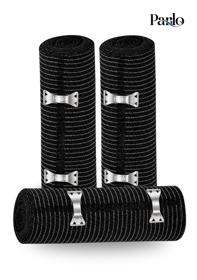 Parlo Siyah Elastik Bandaj 20 Cm X 1,5 M 3 Lü Set %300 Esnek, 4,5 M Ye Kadar Uzayan, Metal Kancalı Destek Ve Sargı Bandajı