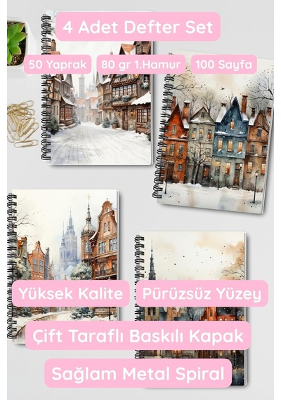 Rustik Kış Şehirleri Tasarımlı Spiralli Defter Seti, 4'lü Paket, 100 Sayfa, Karton Kapaklı A4, Çizgisiz Çok Renkli