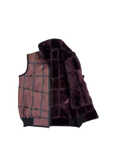 Lnleather Içi Kürk-Dışı Süet Gerçek Deri Yakalı Ve Trikolu Yelek Bordo