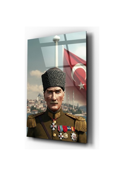 Atatürk Askeri Üniformalı Türk Bayraklı Cam Tablo Mustafa Kemal Atatürk Portresi Ev Ve Ofis Dekoru