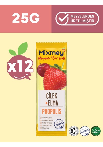 Mixmey Bee Propolis Çilek Meyve Barı 12 Adet | Atıştırmalıklar – Glutensiz (25GR X 12 ADET)