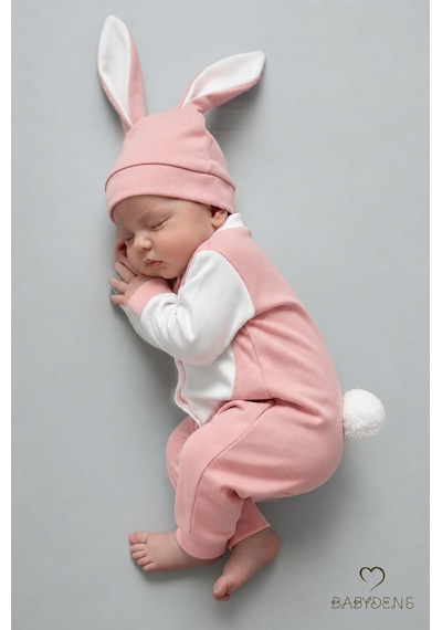Babyden's Tavşan Kulaklı Yenidoğan Tulum Seti %100 Pamuklu Ayarlanır Ponponlu Unisex Bebek Tulum Şapka Set Pudra Pembe