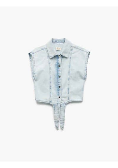 Koton Düğme Kapamalı Bağlama Detaylı Pamuklu Denim Gömlek Lıght Indıgo 5skg20015ad Açık Mavi