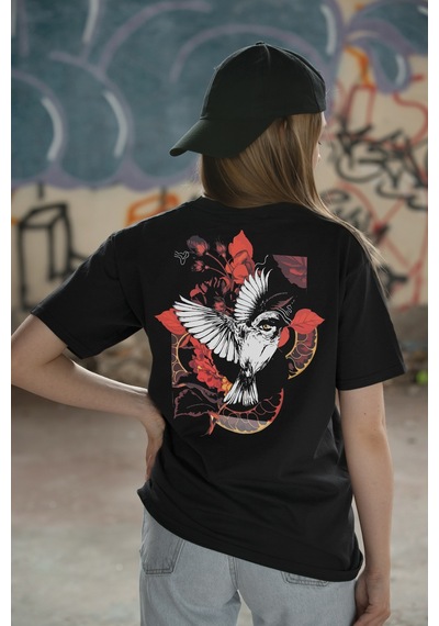 Spoyi Floral Wings Tasarımlı %100 Pamuk Yarım Oversize Siyah T-lhirt