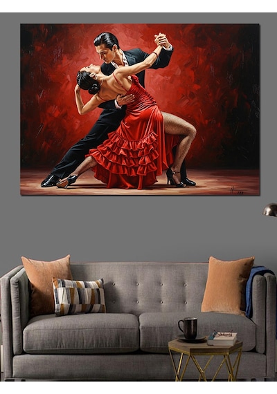 Kırmızı Ve Aşk Temalı Tango Yapan Tutkulu Çift Dekoratif Kanvas - Mdf Ahşap Tablo
