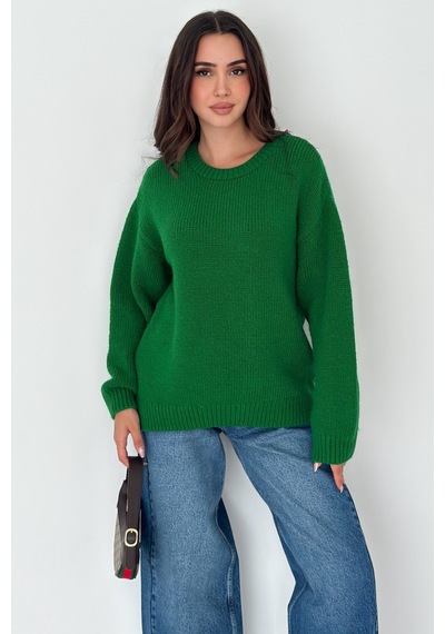 Femelle Yeşil Kadın Oversize Basic Triko Kazak - Standart Beden