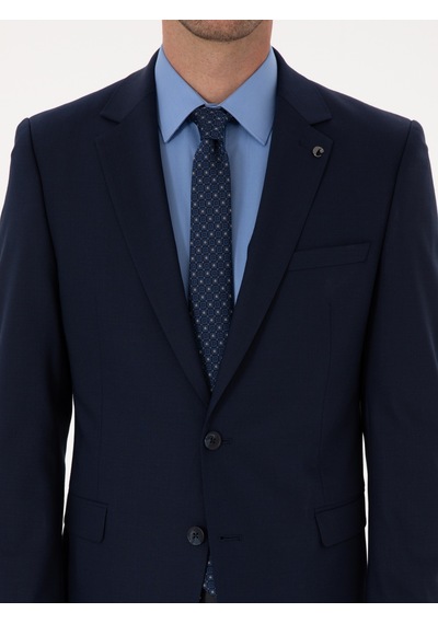 Cacharel Lacivert Slim Fit Yün Karışımlı Mikro Desenli Takım Elbise