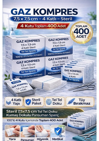 Kompres 7,5x7,5 Cm 4 Katlı Steril 400 Adet Tel Tel Spanç Pansuman Bezi 4kutu