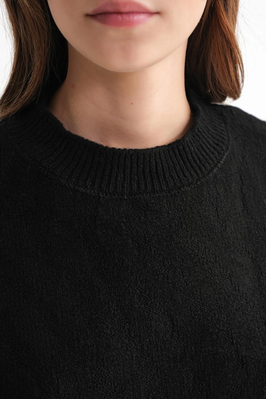 Mixray 6947 Kadın Kendinden Desenli Oversize Triko Kazak Siyah