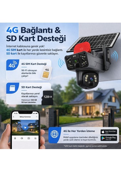Unw-x59 2 Li 4g Solar Güvenlik Kamerası 1 Sabit + 1 Hareketli Esım Li, 20gb İnternet Dahil, 32gb Sd Kart Hediyeli, 9mp, Renkli Gece Görüşlü