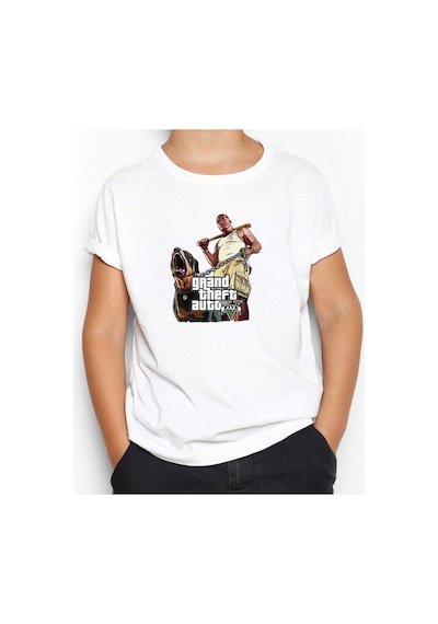Zepplin Giyim Grand Theft Auto Five Dog And Man Beyaz Çocuk Tişört Beyaz