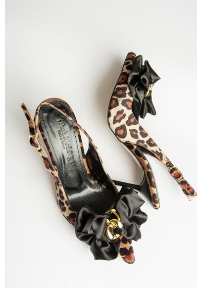 Fox Shoes U820091702 Leopar Süet Fiyonlu İnce Topuklu Kadın Ayakkabı Kahverengi