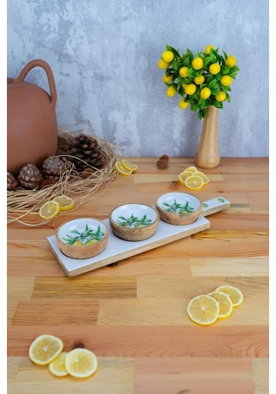 Bambum Kangura - Mango Ağacı 4 Parça Çerezlik Sunumluk Limon Desen Ahşap