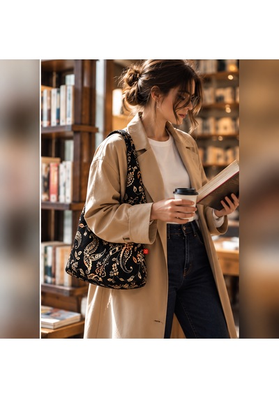 Sellhubx Desenli Denim Kumaş Kadın Hobo Omuz Çantası, Tek Saplı Hobo Model Şal Desenli Lacivert