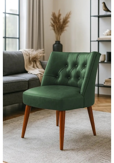 Waterybrook Berjer Sandalye - Kapitoneli Suni Deri - Ceviz Ahşap Ayaklı - Retro Modern Tasarım Yeşil
