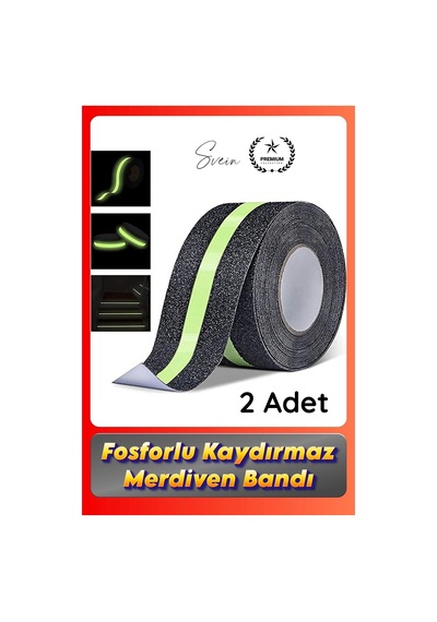 Bant 2 Adet Fosforlu Kaydırmaz Merdiven Bandı 5 Cm X 3 M Fotolümenli Yeşil Zemin Güvenlik Basamak