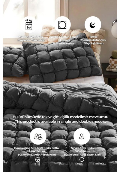 Evlen Home Yatak Örtüsü Seti Çift Kişilik El İşi Günlük Pamuklu Dolgulu Yorgan Uyku Takımı Puff 3 Parça Antrasit