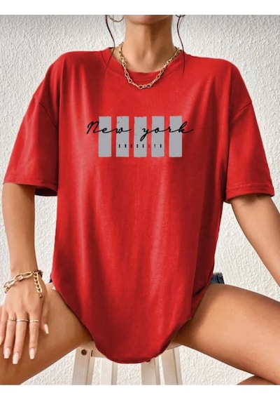 Kozia Outdoors Malkoçbey Newyork Broklıyn Baskılı Overisze Unisex Basic T-shirt Kirmizi