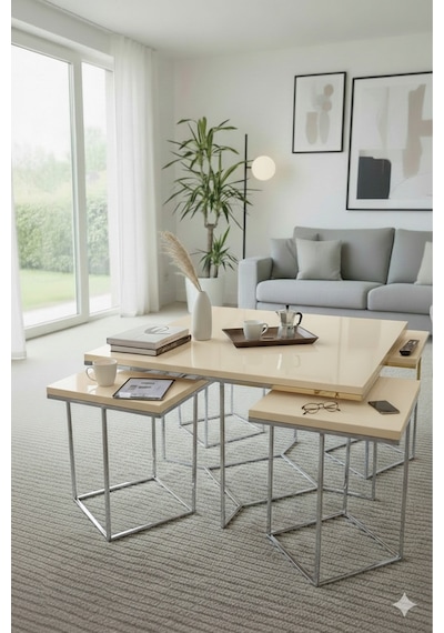 Usta Mekan Monza 5 Li Gümüş Krem Mdf 4+1 Kare Orta Sehpa Usta Mekan Monza 5 Li Gümüş Krem Mdf 4+1 Kare Orta Sehpa
