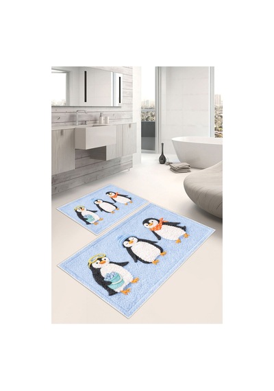Penguen Desenli Dijital Baskılı Yıkanabilir 2li Banyo Paspası 50x60-60x100 Açık Mavi