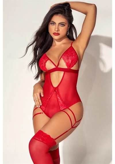 Ang Butik Kadın Kırmızı Tül Dantel Detaylı Body Jartiyer Takım