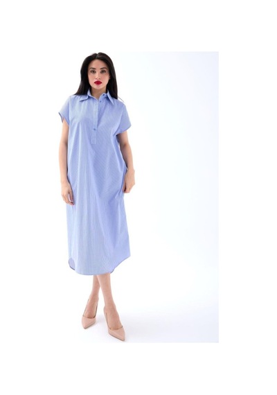 Butik İstanbul 7450 Elbise-mavi Beyaz Çizgili Altın