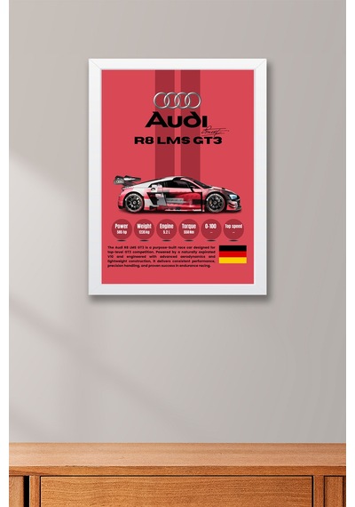 Audi R8 Lms Gt3 Premium Spor Araba Çerçeveli Tablo - Teknik Özellikli Otomobil Sever Duvar Dekoru Beyaz