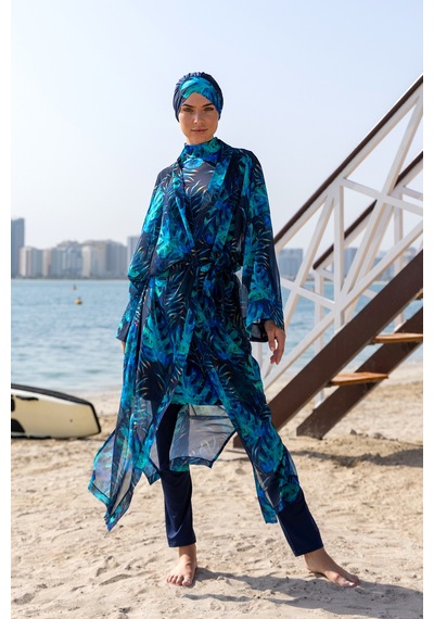 Remsa Mayo Remsa Tesettür Mayo Üzerine Tek Kaftan Kimono Pareo Rp009 Tropikal Lacivert