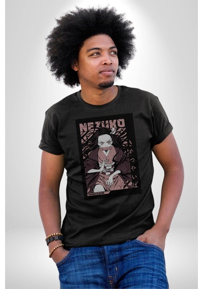 Nezuko Demon Slayer Unisex Unisex Siyah Organik Baskılı T-shirt Penye Yüksek Kalite Siyah