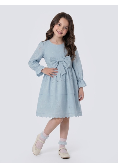 Pina Kids Kız Çocuk Uzun Kollu Önü Kurdelalı Fisto Elbise Mavi