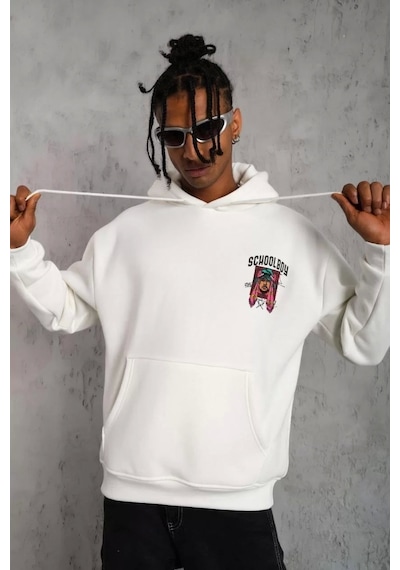 Erkek School Boy Baskılı Kapüşonlu Sweat - Beyaz