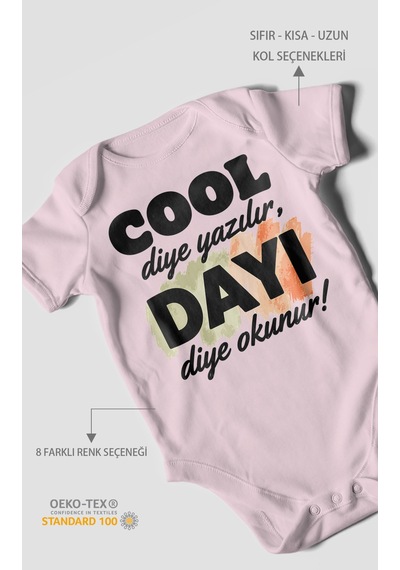 Morivokids Cool Diye Yazılır Dayı Diye Okunur Kısa Kollu Bebek Body %100 Pamuk Bebe Pembe