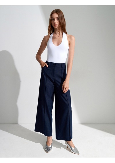 DİLVİN 72728 Keten Karışımlı Geniş Paça Pantolon-lacivert