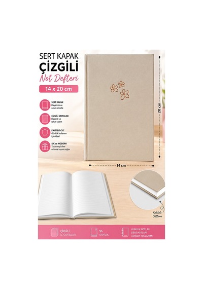 Kaliteli Not Defteri A5 14x20cm 1 Adet Lizz Esp180c Çizgili Lastili Sert Kapak 168 Yaprak Ciltli Büro Ofis Okul Krem