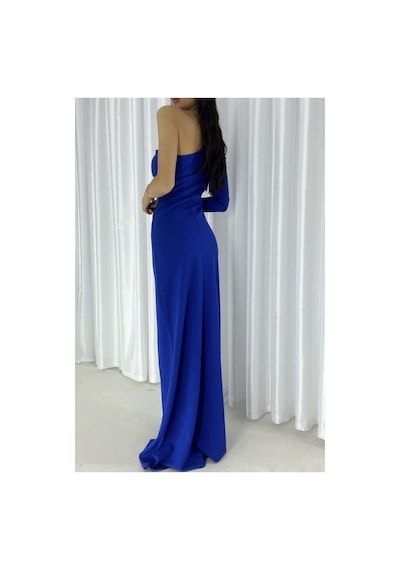 Store Tek Yırtmaçlı Elbise Omuz Abiye Saks - 935901675 Saks