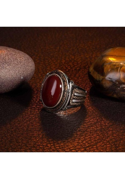 925 Ayar Gümüş Oval Tasarım Koyu Bordo Akik Taşlı Erkek Yüzük