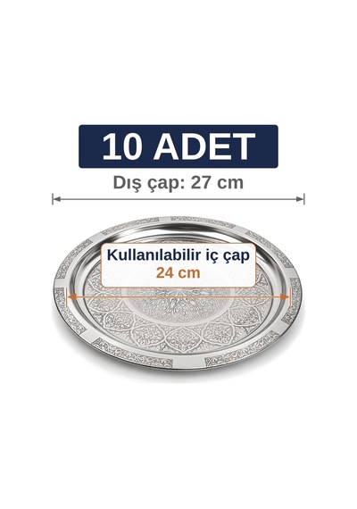 Binbir Trend 27 Cm Otantik Desenli Krom Çelik Kebap, Izgara, Meze Ve Servis Tabağı 10 Adet
