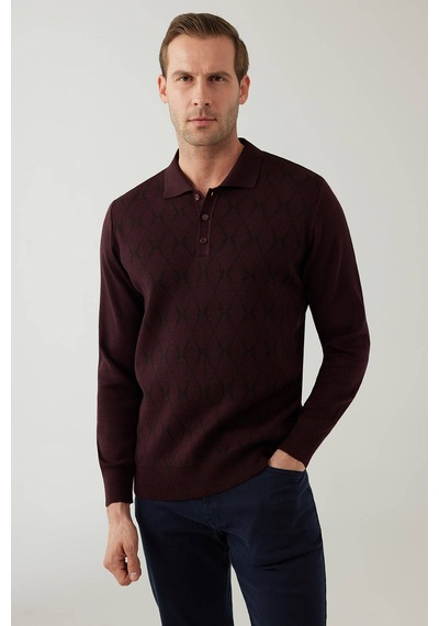 Erkek Koyu Bordo Regular Fit Desenli Yünlü Polo Yaka Triko