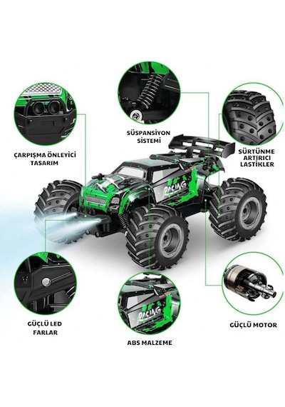 Oyuncak 2.4 Ghz Uzaktan Kumandalı Şarjlı Led Işıklı Drift Atan 15 Km Hız Off Road 45 Dk Batarya Yeşil