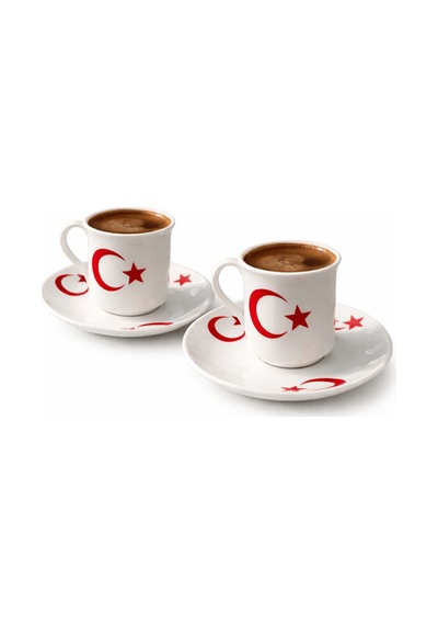 2'li Ay Yıldız Temalı Kahve Fincanı Seti - Baskılı Fincan Takımı beyaz
