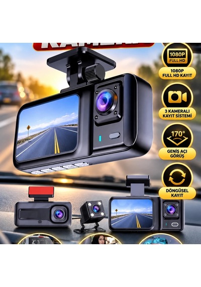 Ekranlı Sürüş Kaydedici Dvr Ön Ve Arka Kameralı 1080p Full Hd 3 Kameralı Araç İçi Kayıt Sistemi