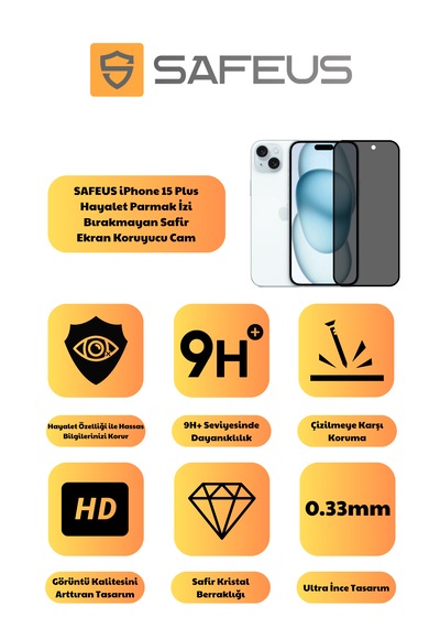 Safeus Tam Kaplayan Hayalet Parmak İzi Bırakmayan Safir Ekran Koruyucu Cam Apple iPhone 15 Uyumlu Plus İle