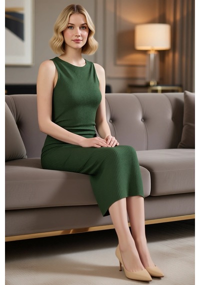 Benerly Kadın Kolsuz Bisiklet Yaka Midi Bodycon Gofre Dokulu Astarlı Örme Haki