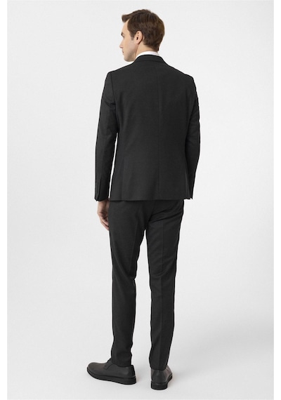 Süvari Siyah Slim Fit Armürlü Sivri Yaka 6 Drop Yelekli Klasik Takım Elbise-35629 Siyah