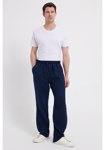 Tudors Erkek Baggy Fit Geniş Kesim %100 Pamuk Beli Lastikli Yandan Cepli Müslin Lacivert Düz Pantolon-46261