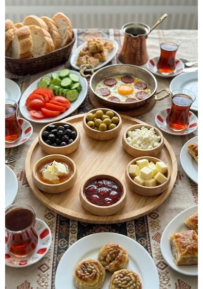 360 Derece Döner Bambu Kahvaltı Tepsisi Bölmeli Yuvarlak Sunum Ve Servis Seti Bambu
