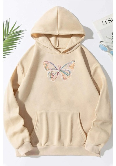 Uyguntarz Unisex Butterfly Baskılı Sweatshirt Bej