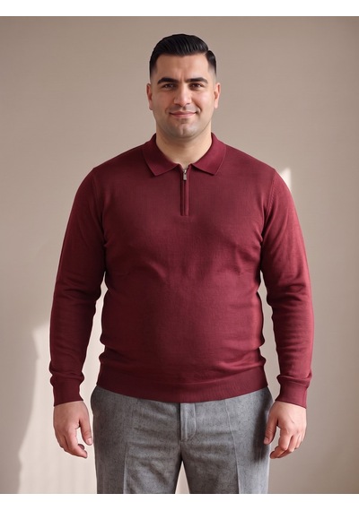 Maccali Erkek Bordo Büyük Beden Düz Fermuarlı Polo Yaka Triko Kazak